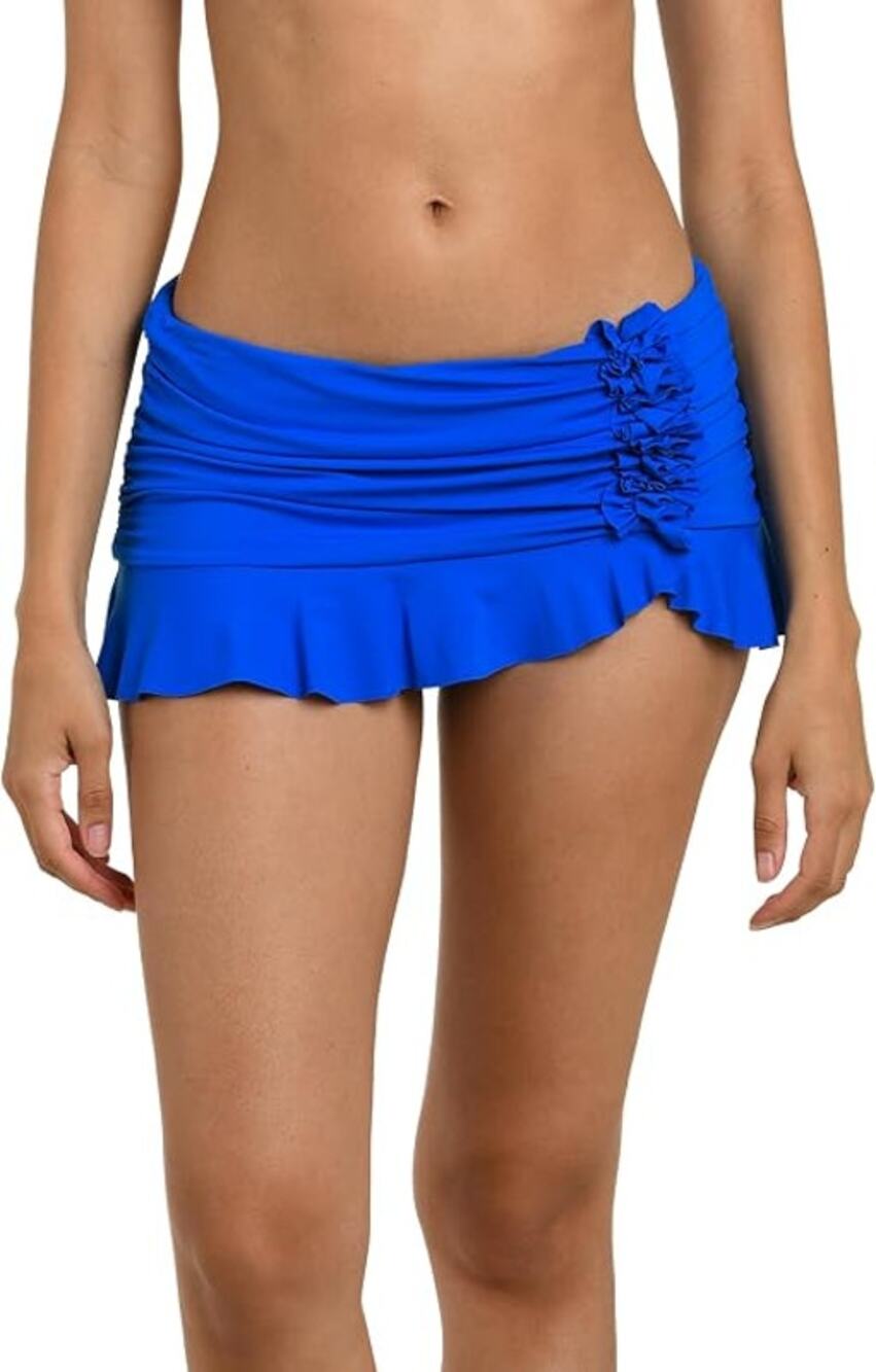 NWT La Blanca Island Goddess Asymmetrical Ruffle Skirt Swimsuit Bottom blue sz 4